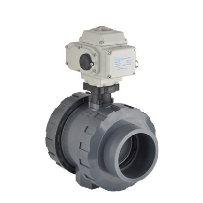 Picture of U-PVC TRUE UNION BALL VALVE WITH ELECTRIC ACTUATOR ONE SIDE FEMALE THREADED FOR ACID 24 V DC / 24 V AC