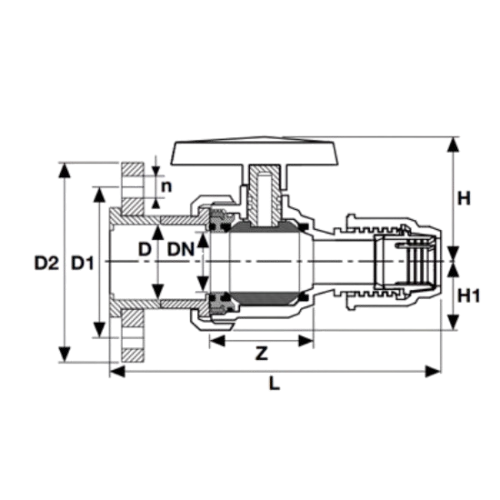 U-PVC Conexión de brida de un solo lado Salida de acoplamiento de un solo lado Válvula de bola de un solo lado